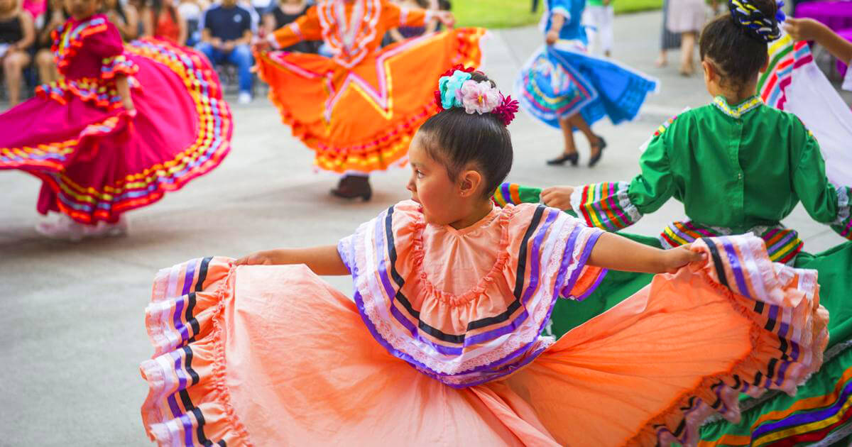 Mexico folklórico dancers performing with colorful dresses